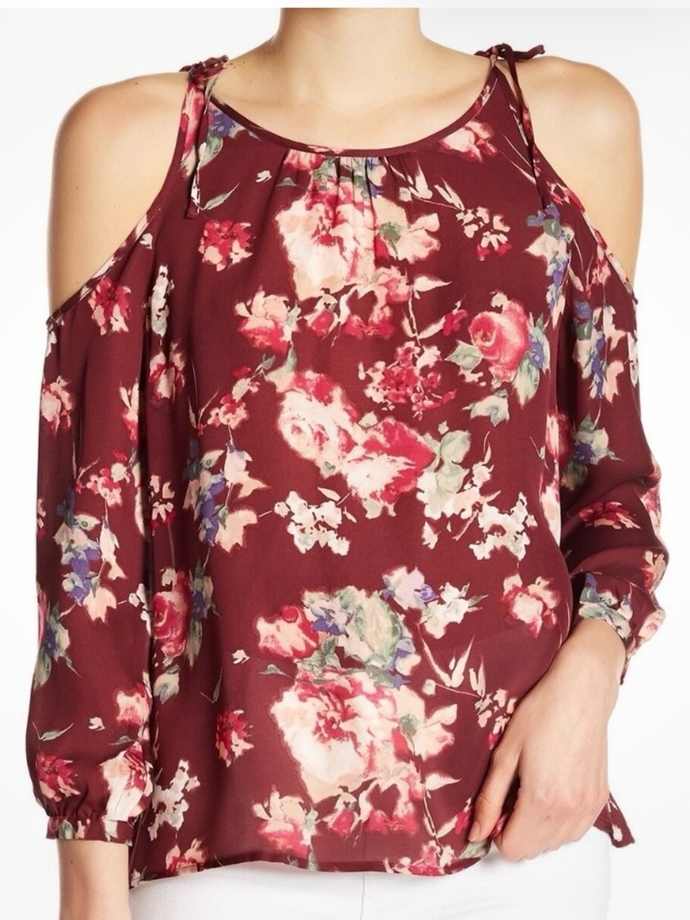 Joie Jillete Cold Shoulder Silk Blouse Burgundy Floral Size S
